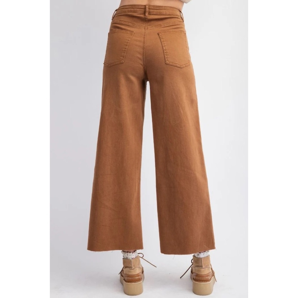 Easel Wood Brown Heart Patch Wide Leg Jeans | High Waist Stretchy Boho Denim - Picture 5 of 7